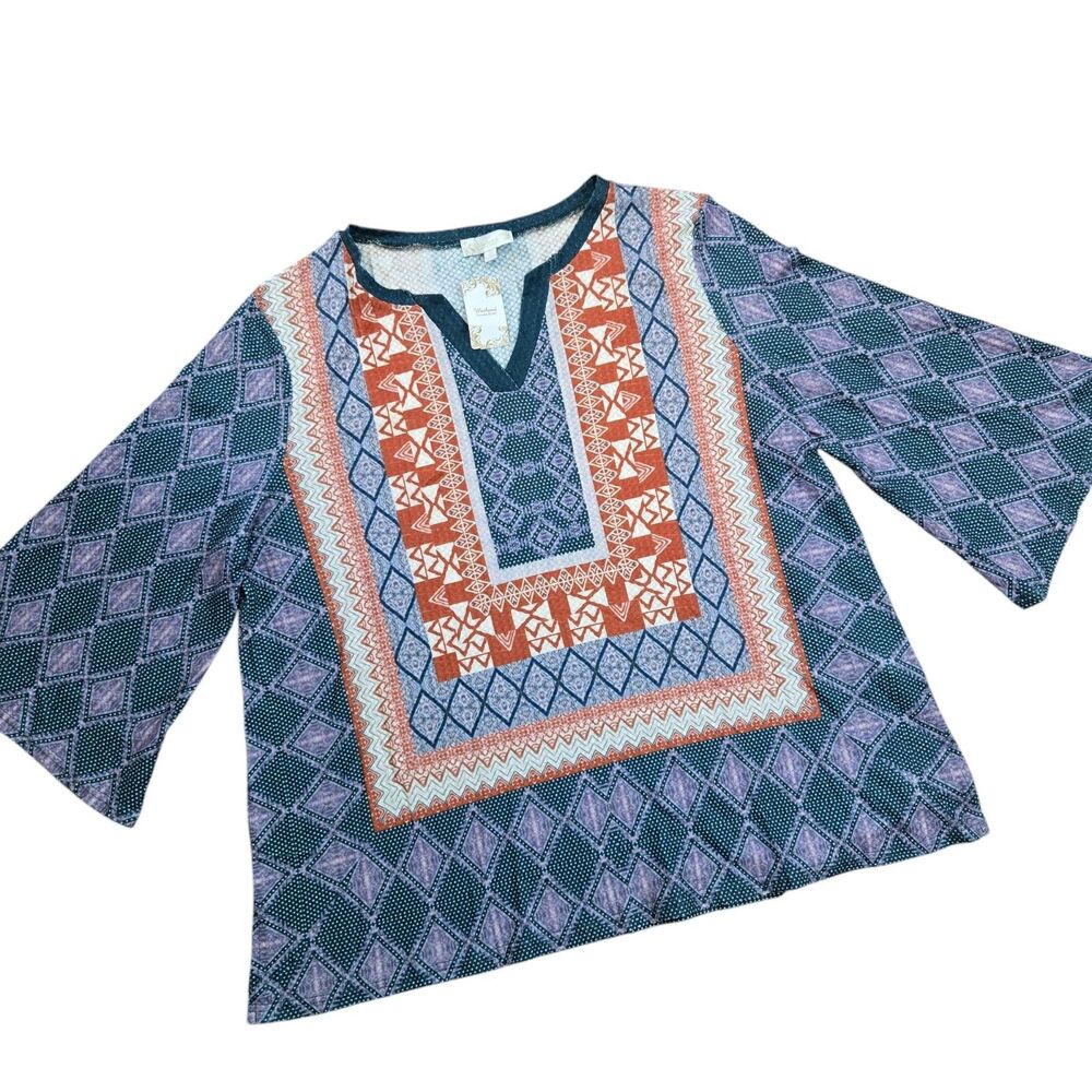 Suzanne Betro Weekend 3X‎ Geometric Print Top Tunic bell sleeve Hippie Boho NEW